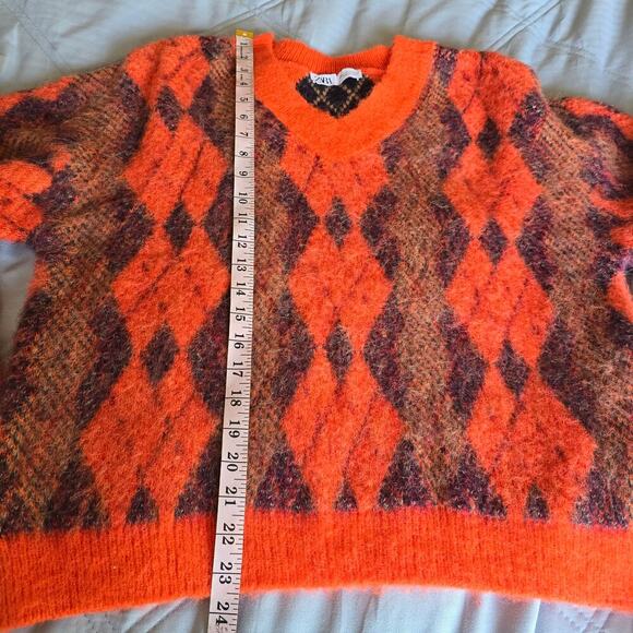 Zara Alpaca Blend Fuzzy Sweater Sz S Orange Plaid Check Soft Cozy Quiet Luxury - Picture 8 of 10